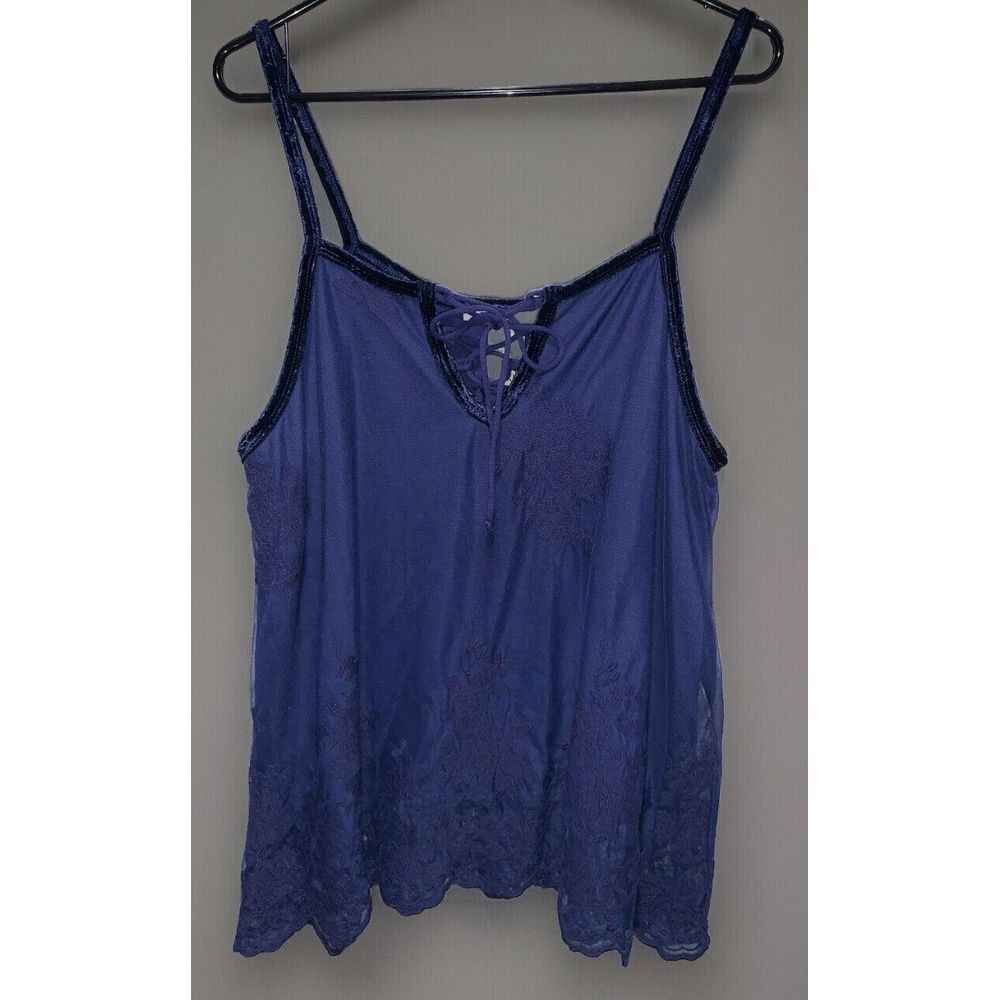 American Rag‎ Cami Tank Juniors XL Blue Lace Velvet Trim Floral Lined Boho Fairy